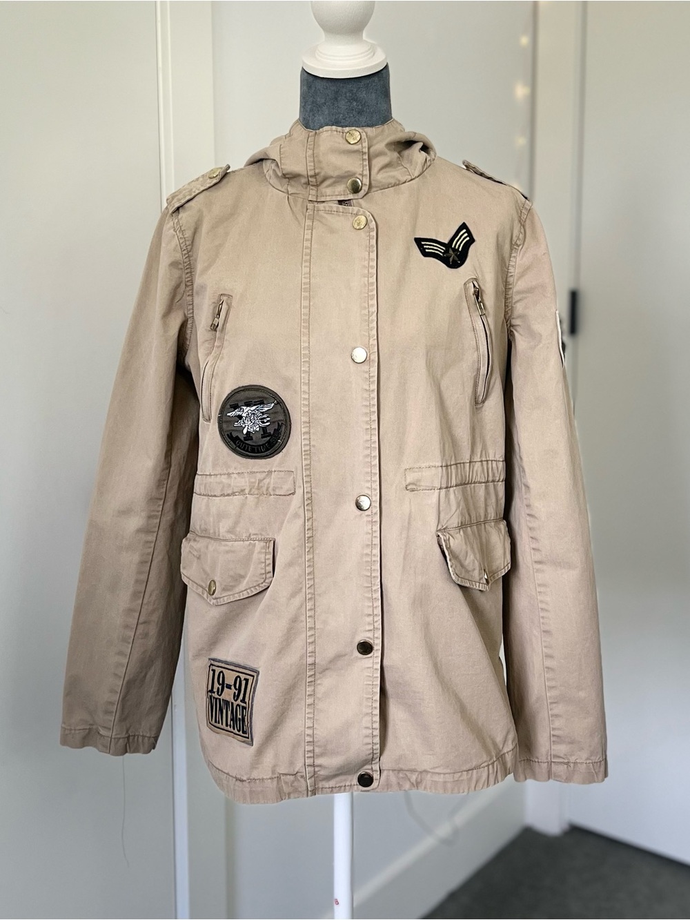 Beige Utility Jacket with Patch Details